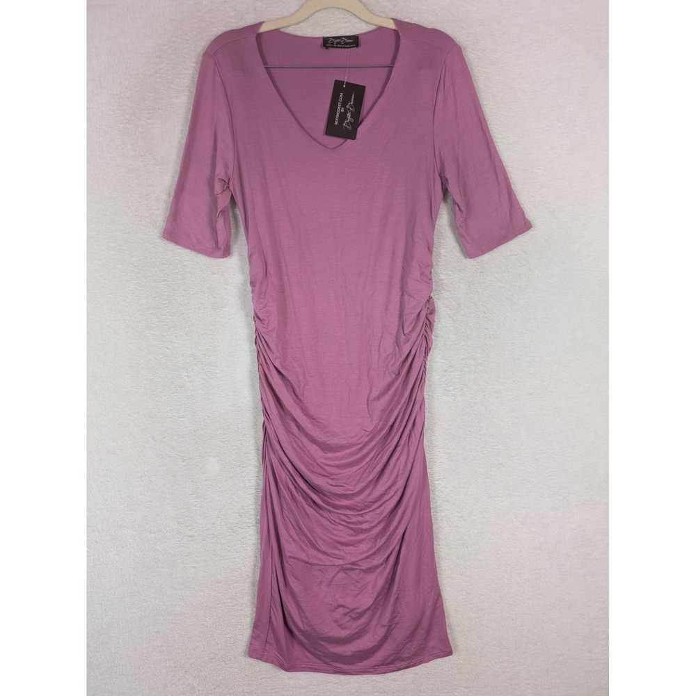 NEW Brigitte Brianna Dress Women's M Mauve Ruched V-Neck Short Sleeve Midi